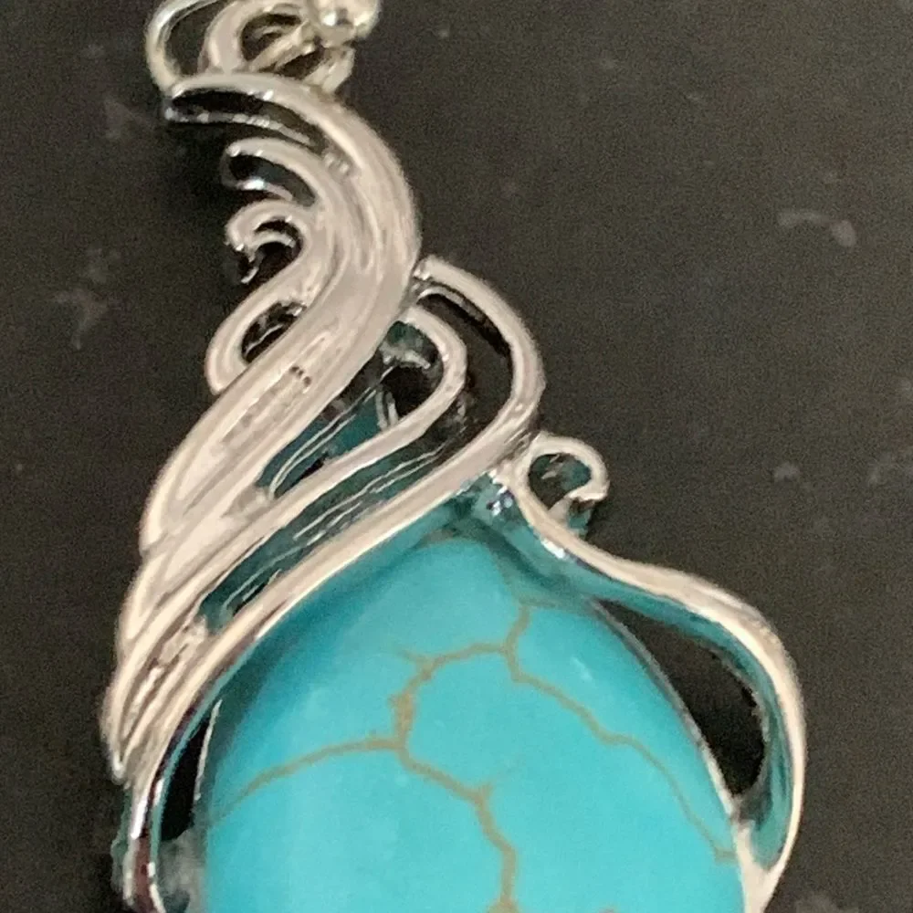 Western Southwestern Silver & Faux Turquoise Color Drop Earrings